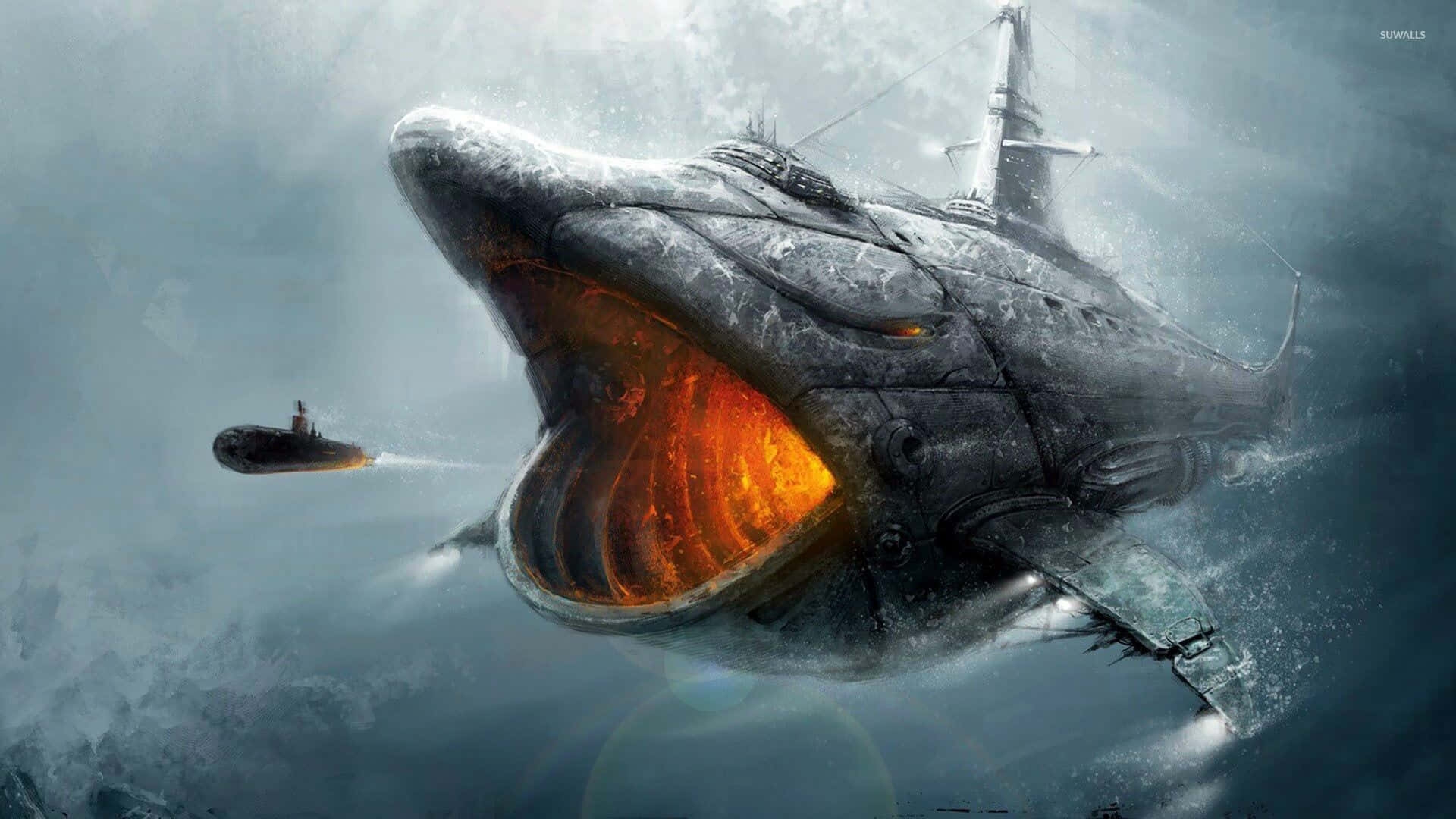 Imagende Un Megalodón Blindado Persiguiendo Un Pequeño Submarino