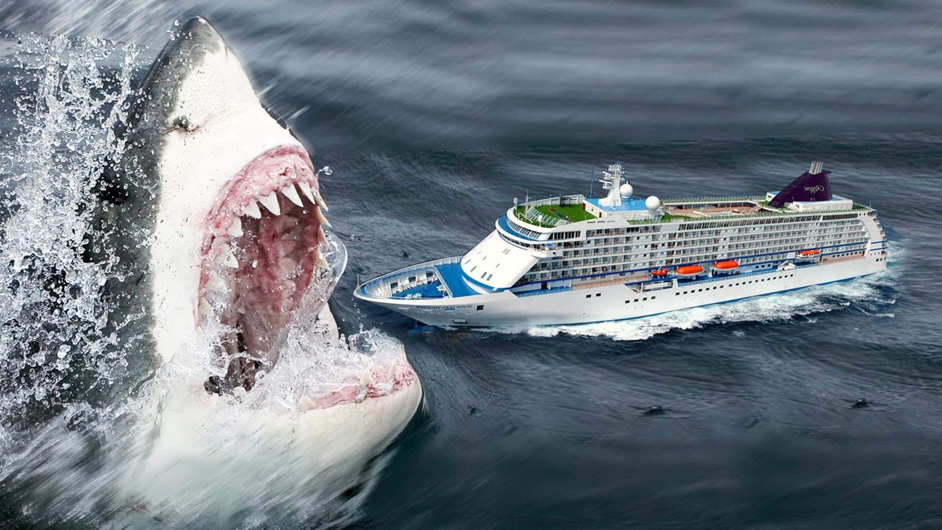 Imagendel Gigantesco Megalodón Atacando Un Barco De Crucero