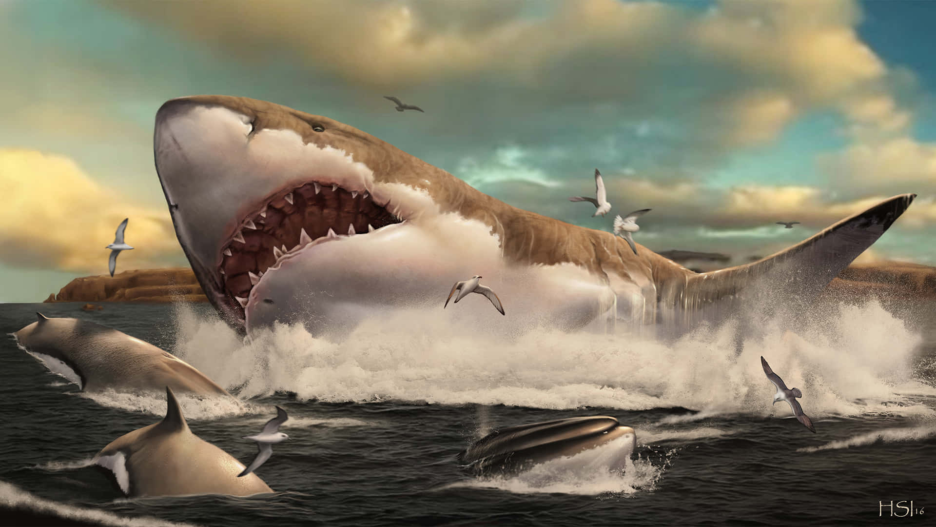Ungran Tiburón Está Atacando A Un Grupo De Peces.