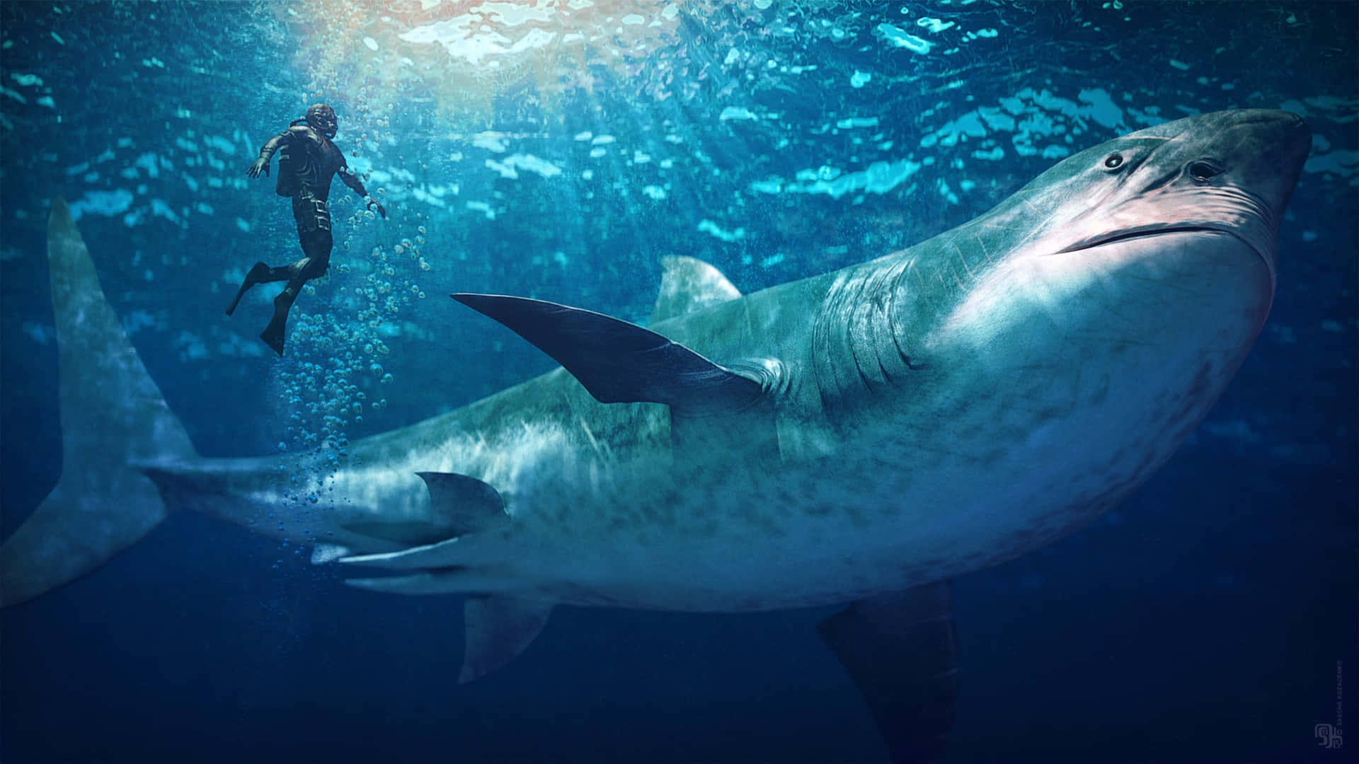 Unpoderoso Megalodon Nadando En Lo Profundo Del Océano Azul