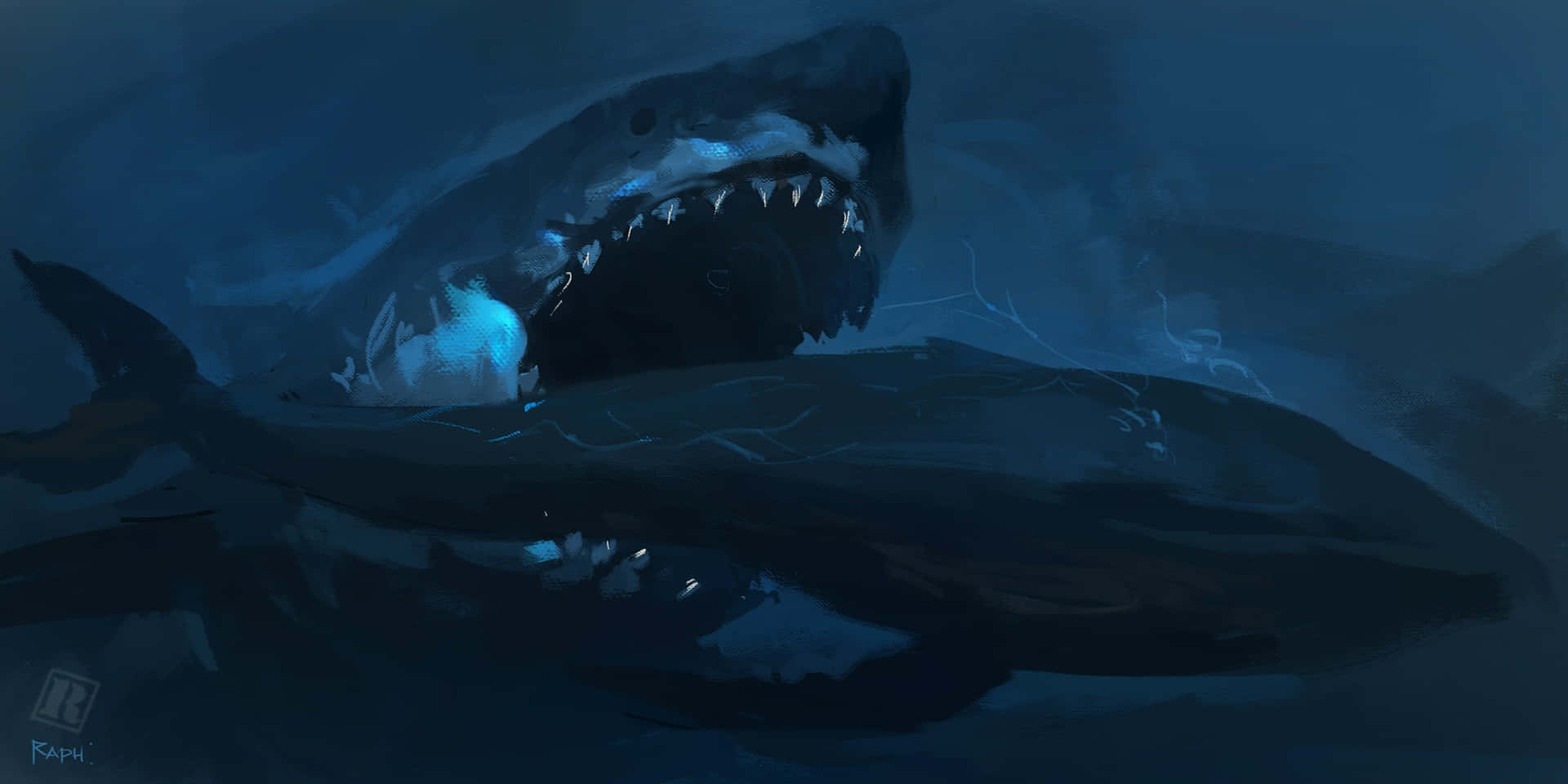 A Painting Of A Great White Shark With Its Mouth Open