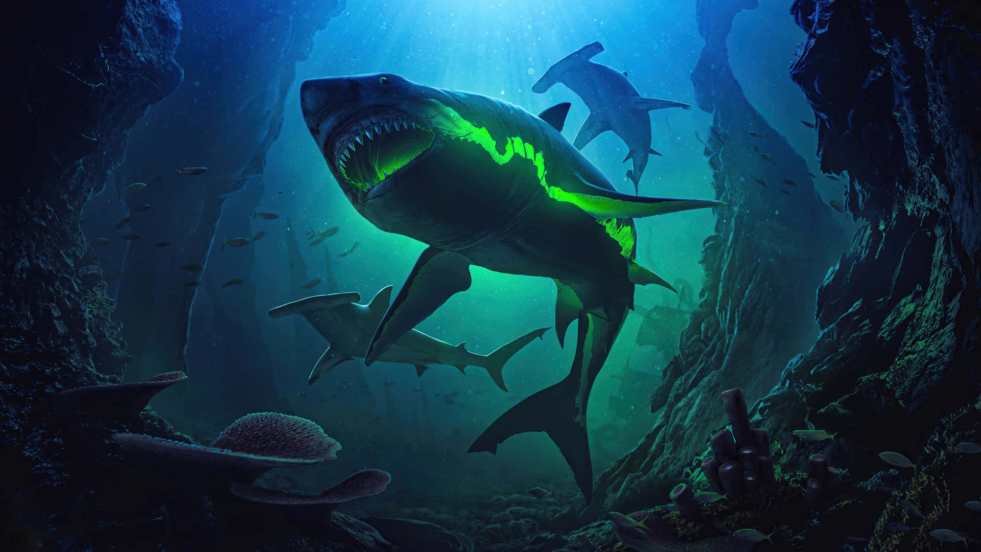 Majestic Megalodon Swimming in the Deep Ocean
