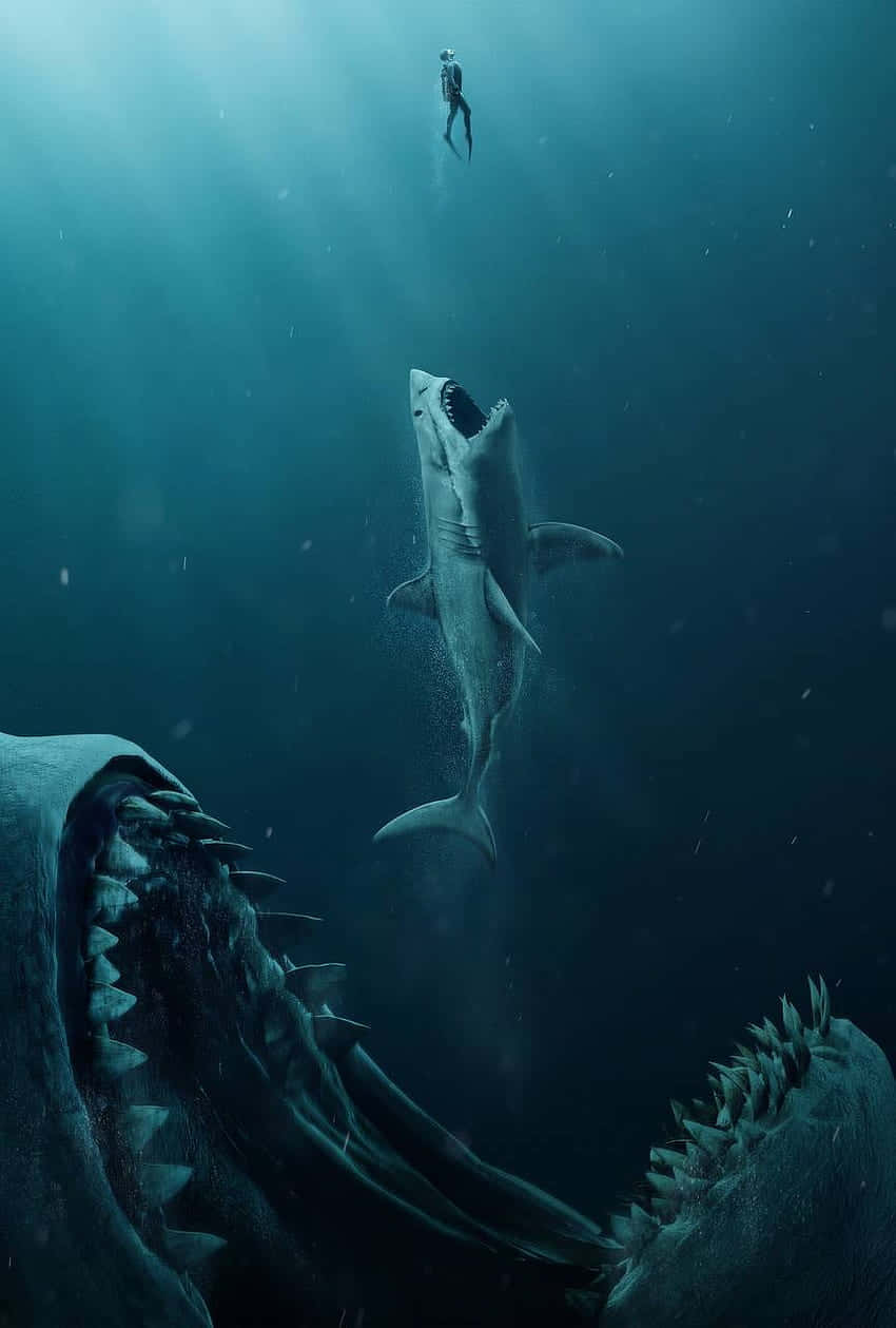 Megalodon Chasing Man And Chased By Giant Picture