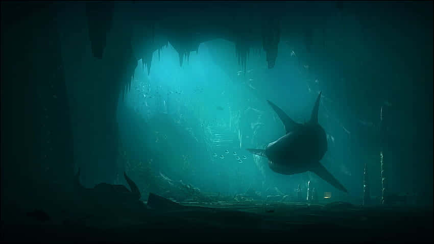 Immaginedi Megalodonte Che Nuota In Una Grotta Sottomarina