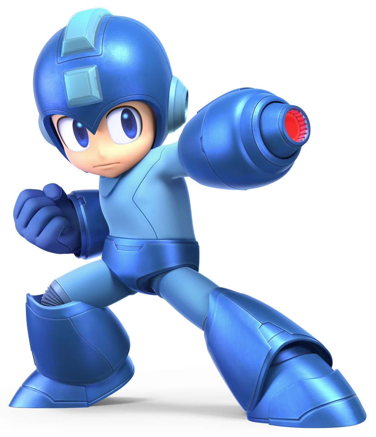 Megaman standing tall and ready for action against a futuristic cityscape