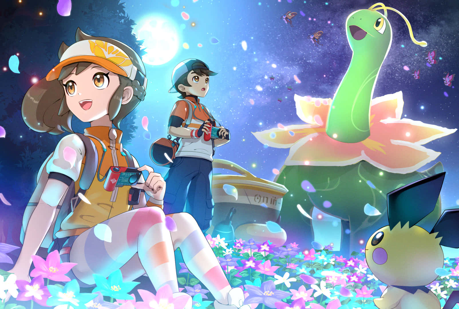Meganium With Pichu And Pokemon Trainers Wallpaper