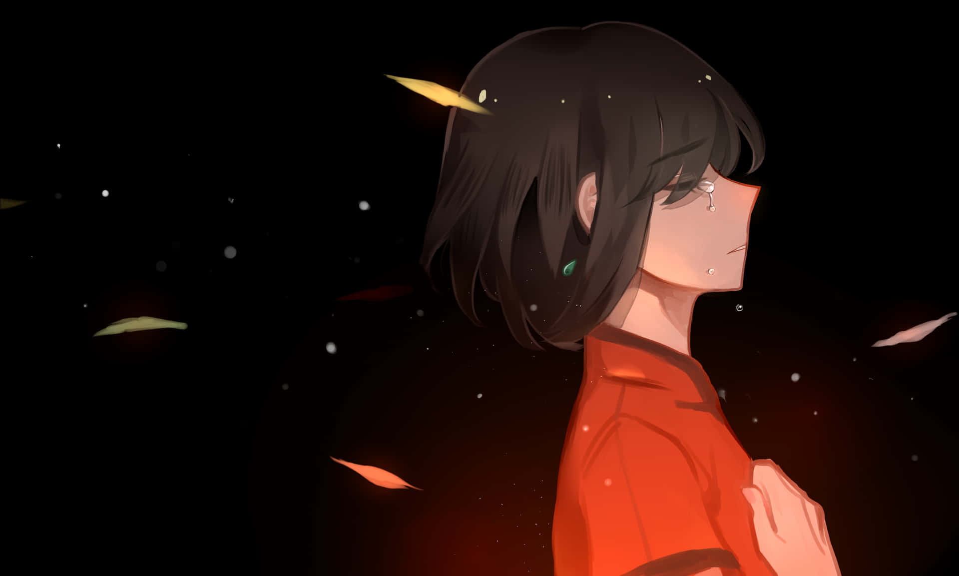 Melancholic Anime Girl Under Starry Sky Wallpaper