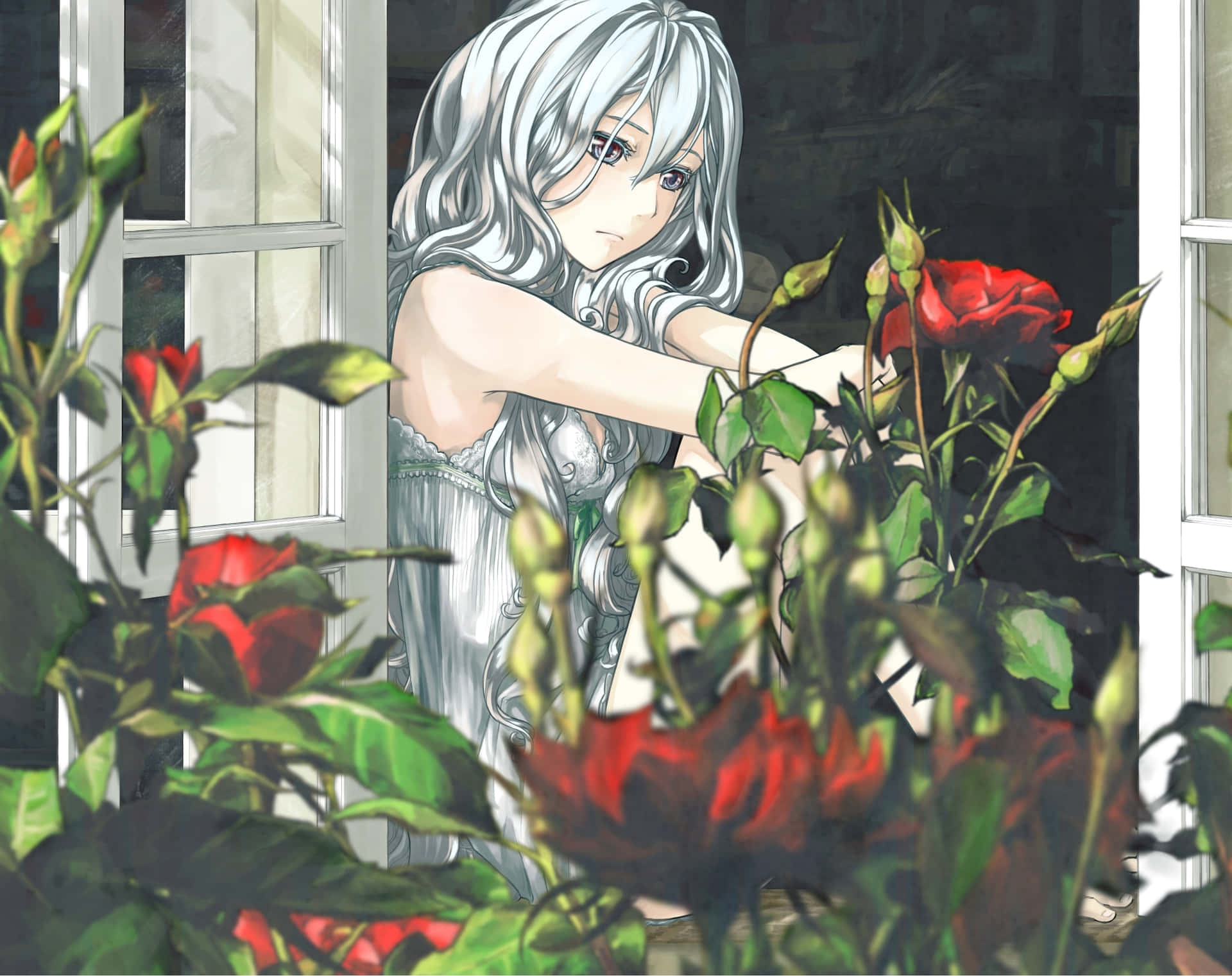 Melancholic_ Anime_ Girl_with_ Roses Wallpaper