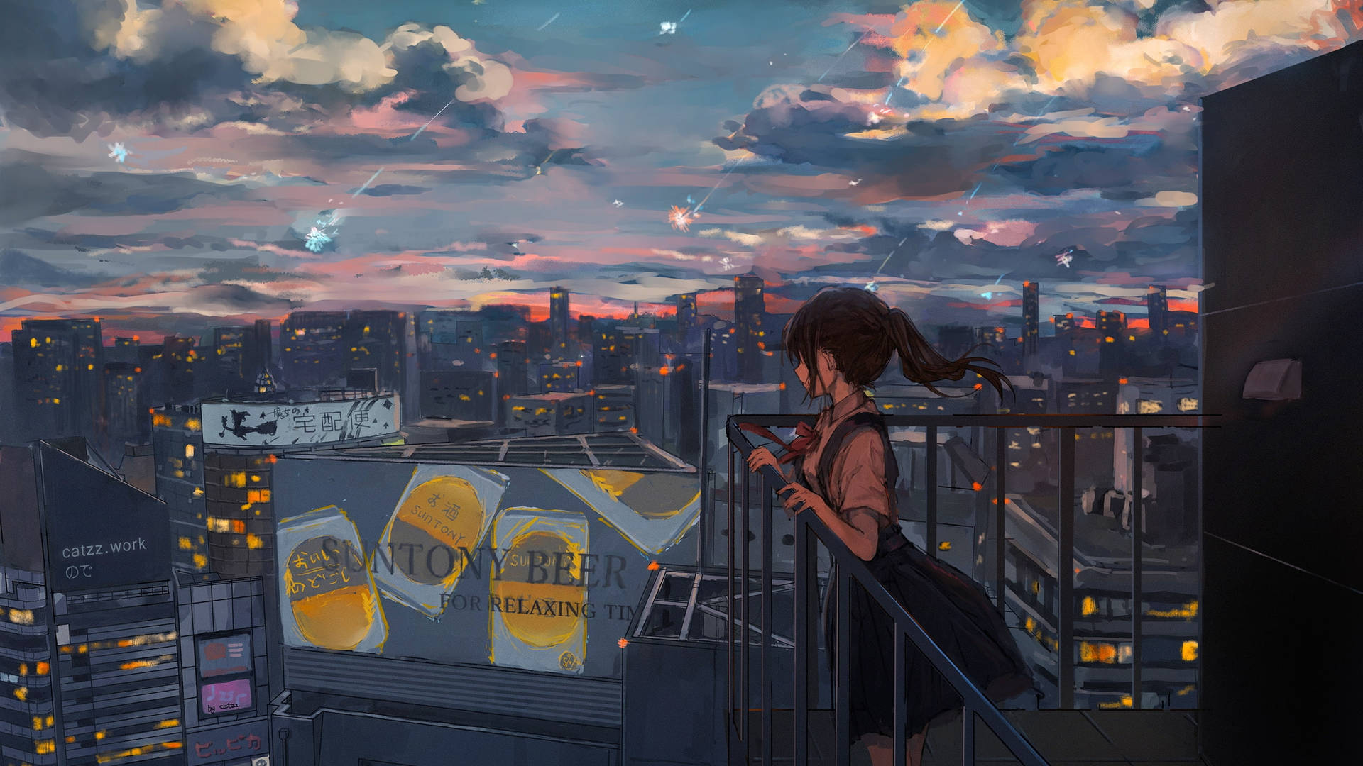 Chicade Anime Melancólica En El Balcón. Fondo de pantalla