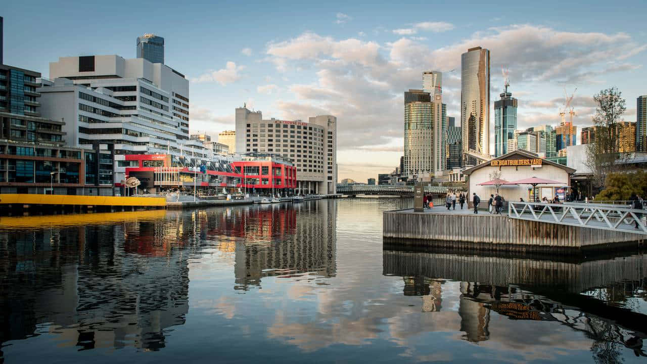 Melbourne South Wharf Skyline Reflection Wallpaper