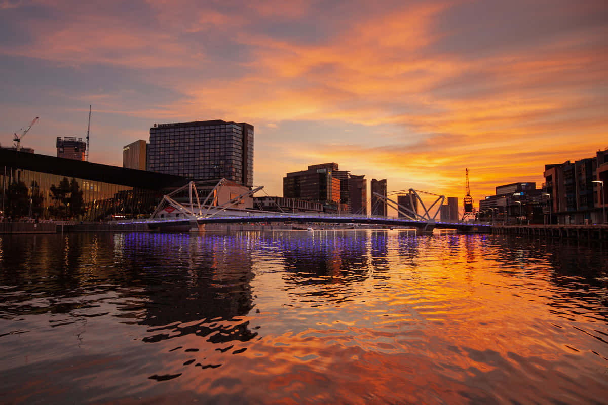 Melbourne South Wharf Solnedgang Skyline Bakgrunnsbildet