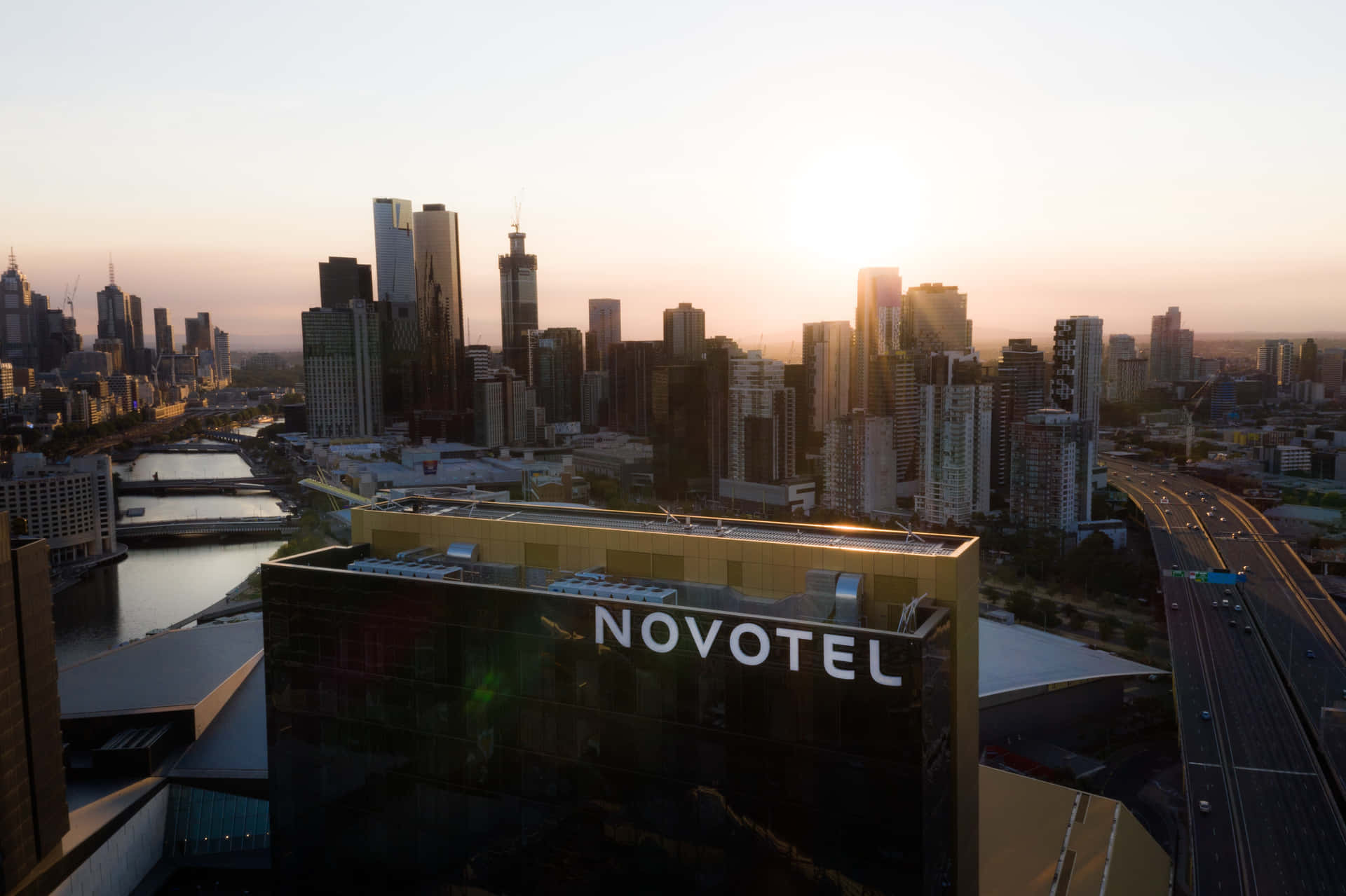 Melbourne South Wharf Solnedgang Skyline Bakgrunnsbildet