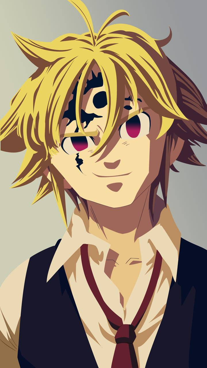 Meliodas, the leader of the Seven Deadly Sins, with the Demon Mark unleashing the powers of darkness. Wallpaper — A stylized anime character with spiky blonde hair and one eye covered by a black eye patch smiles while wearing a white shirt and dark vest.