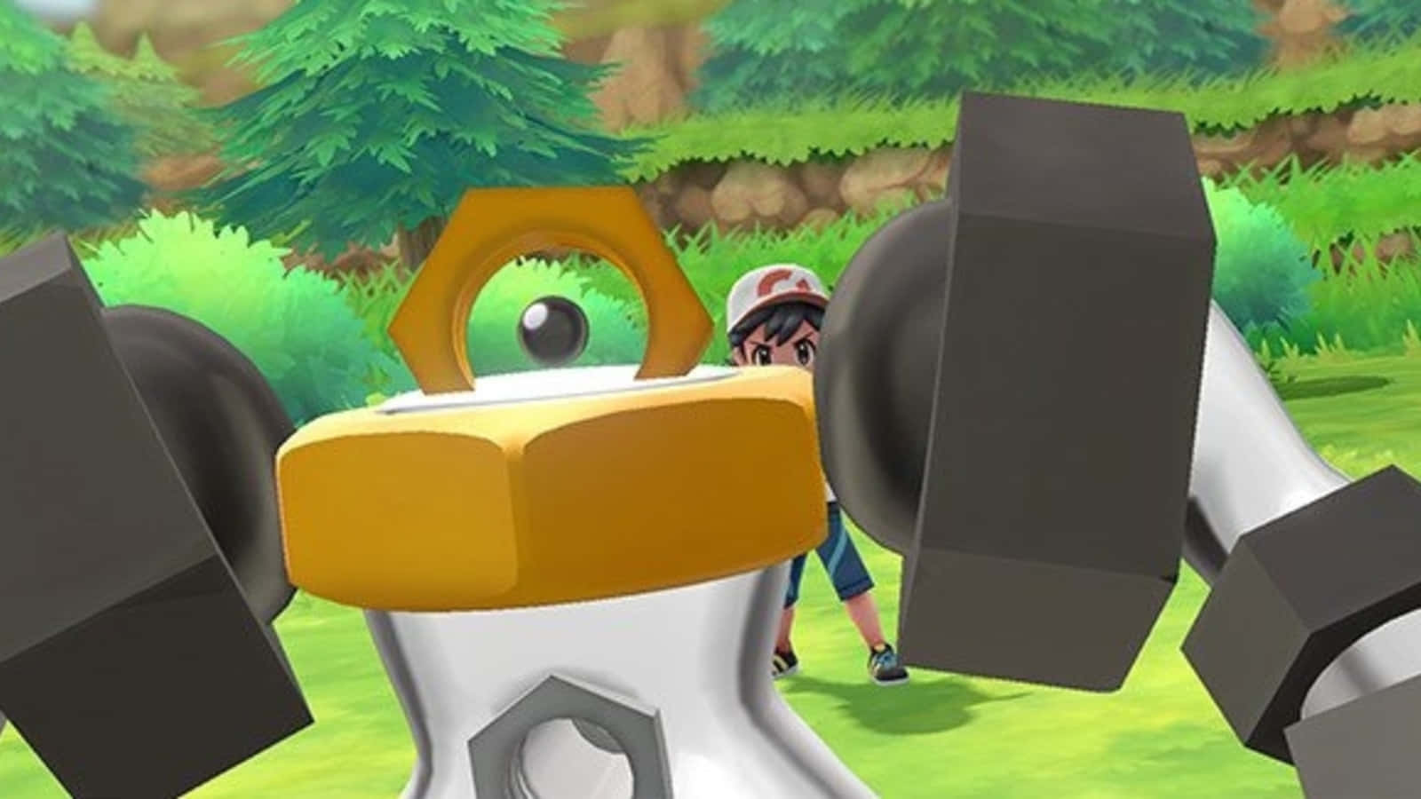 Melmetal With Trainer Behind Wallpaper