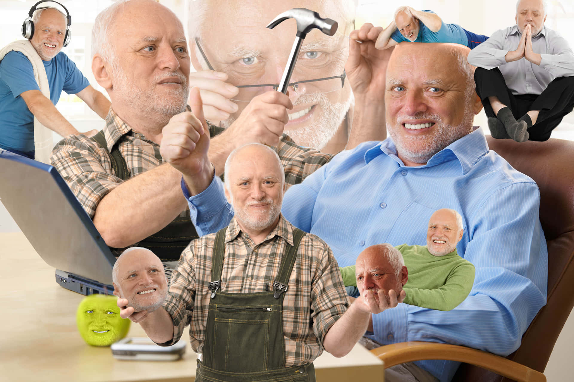 A Collage Of Old Men With A Hammer And A Laptop