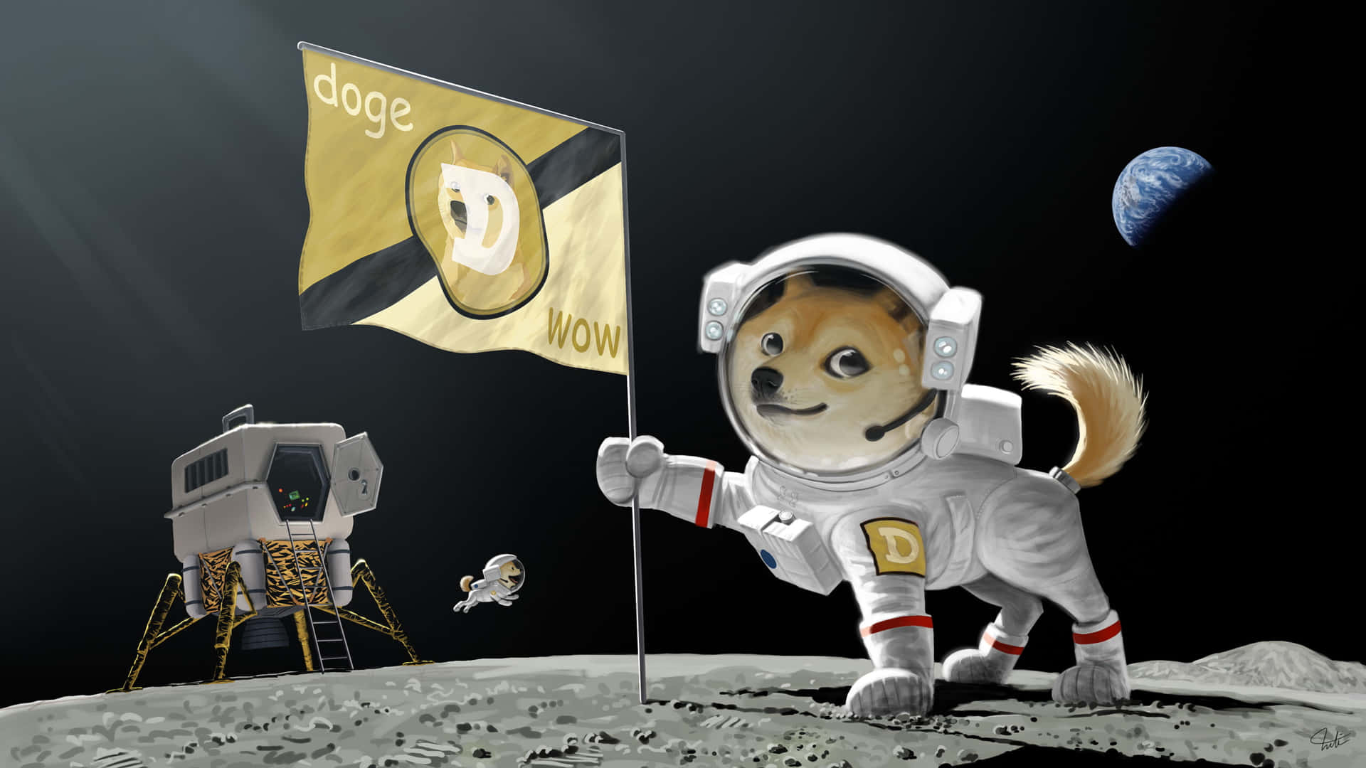 a dog in space with a flag and a spaceship