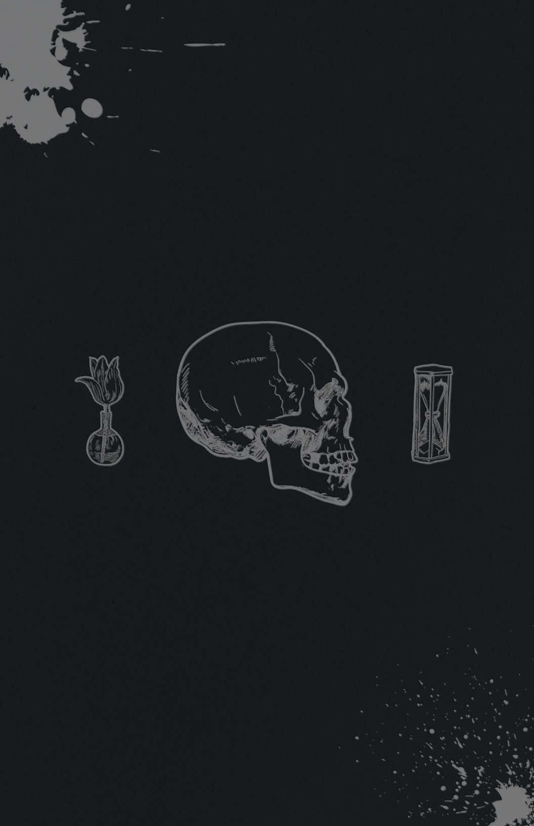 A Black Background With A Skull, A Clock And A Skull Wallpaper