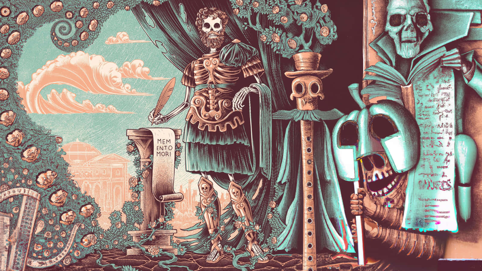 A Poster With A Skeleton And A Skeleton Wallpaper