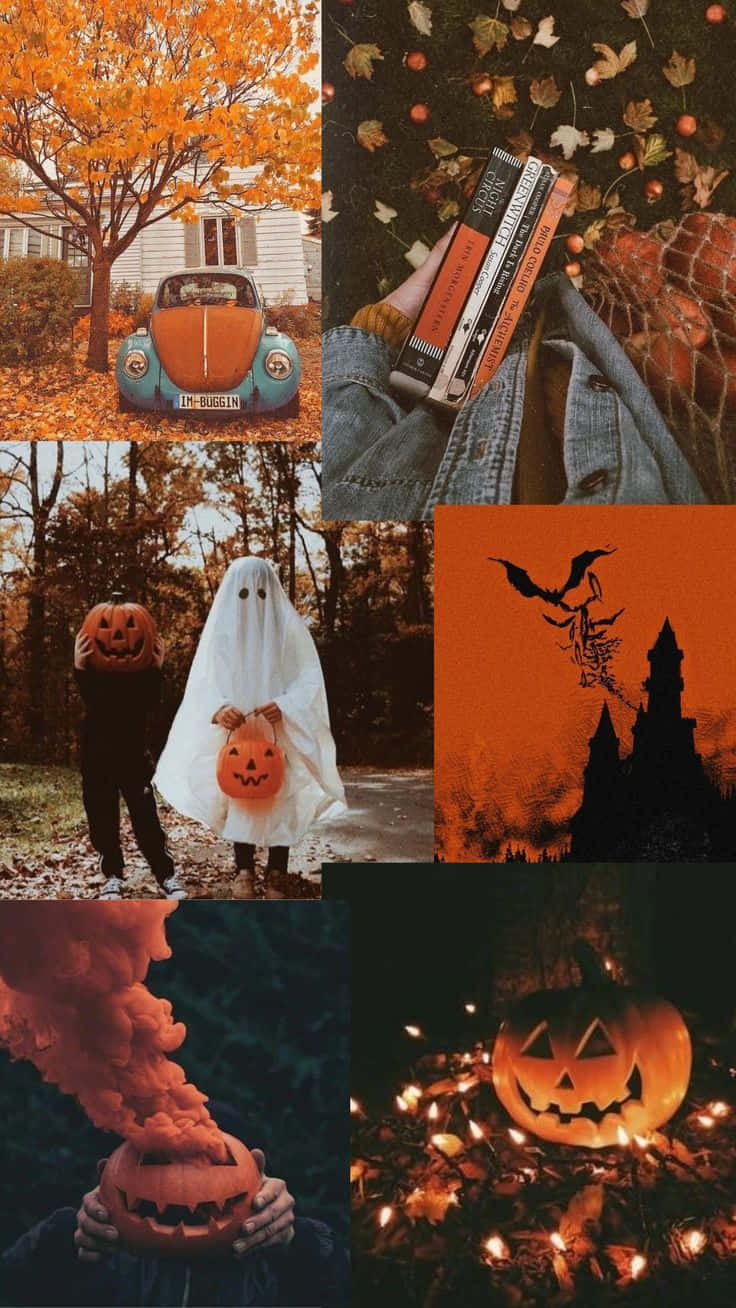 Halloween Collage With Pumpkins, Ghosts, And A Book