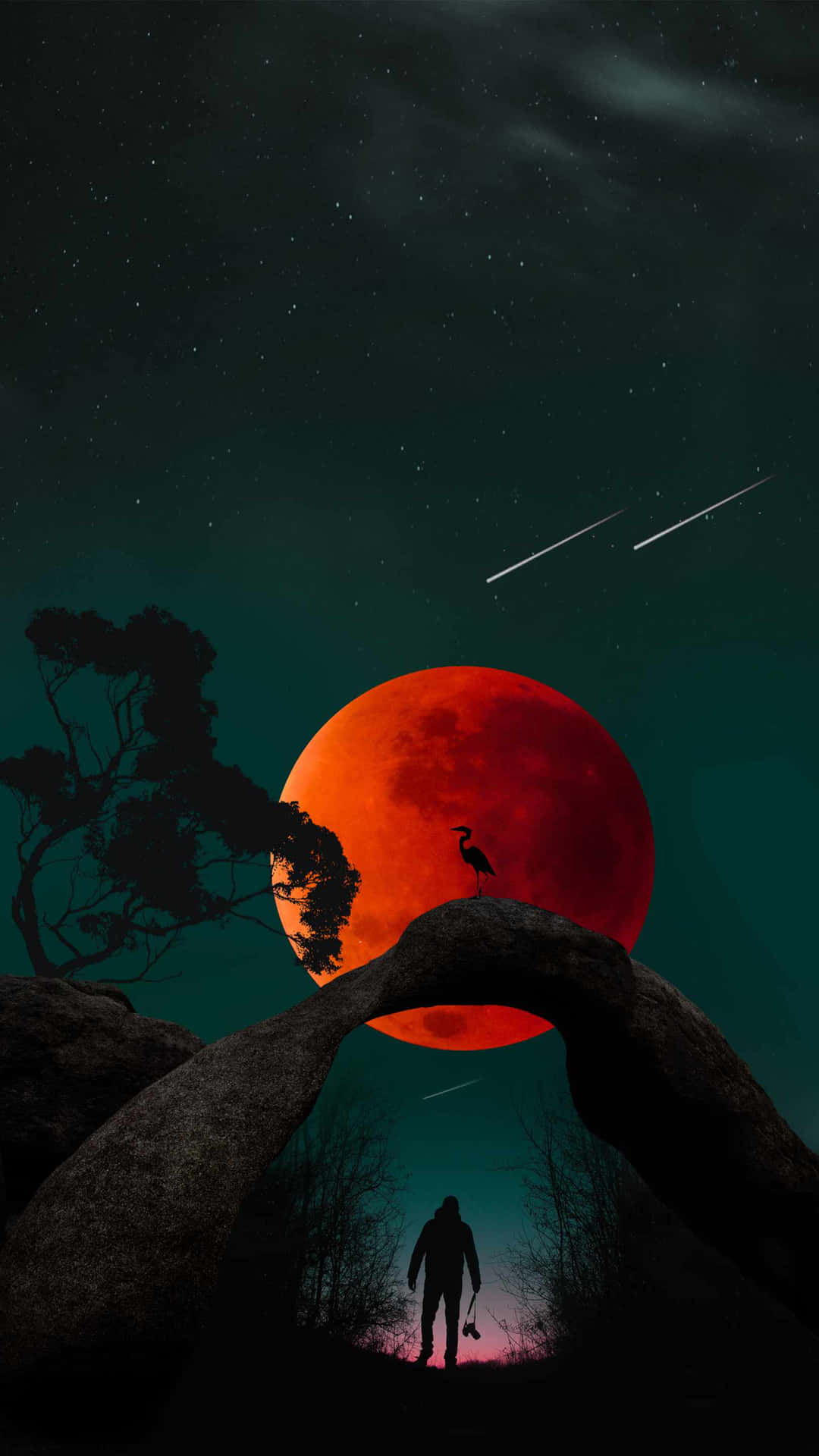 A Man Is Standing On A Rock With A Red Moon In The Background