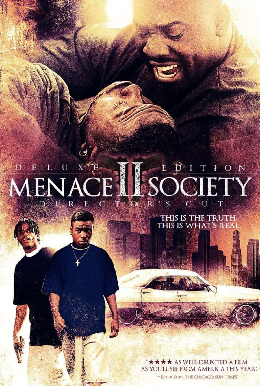 Tapet til Menace II Society-filmen: Et tapet designet til at ligne en filmplakat for den klassiske kultfilm Menace II Society. Wallpaper