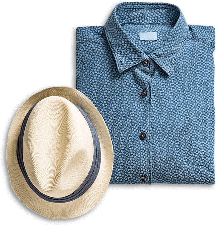 Mens Blue Patterned Shirtand Straw Hat PNG