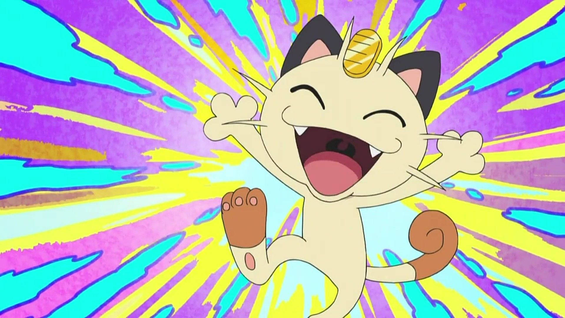 Meowth Looking Happy With Colorful Backdrop Wallpaper