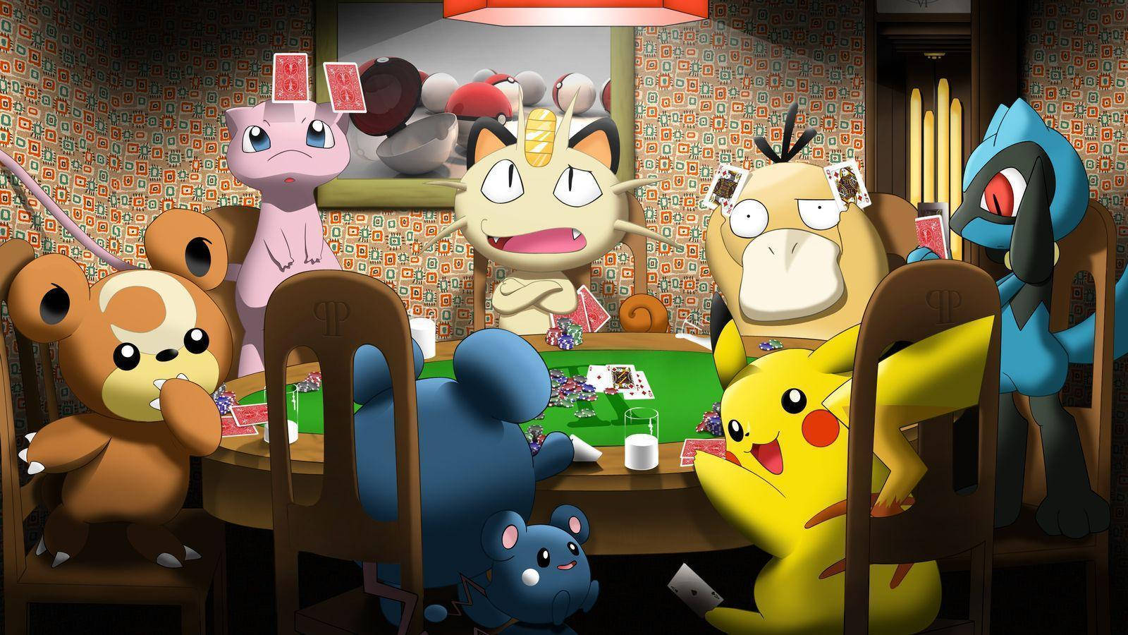 Meowth, Mew, And Psyduck Playing Card Games Wallpaper