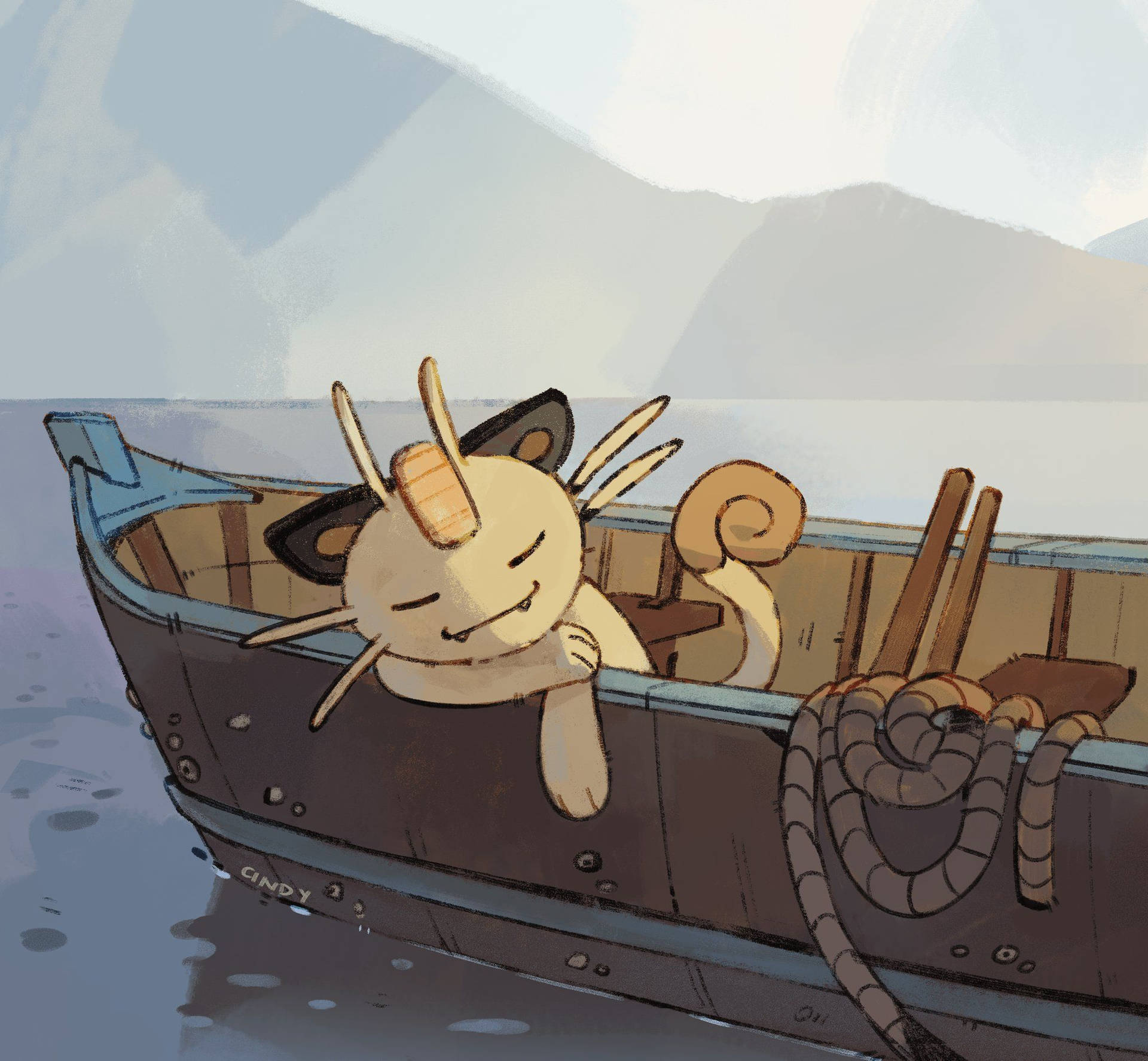 Meowth Sleeping On A Boat Wallpaper