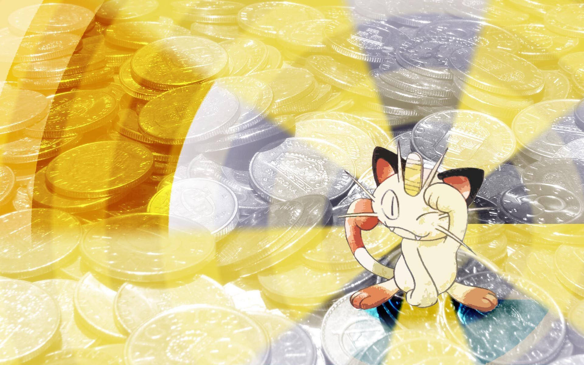 Meowth With A Colorful Gold And Silver Background Wallpaper