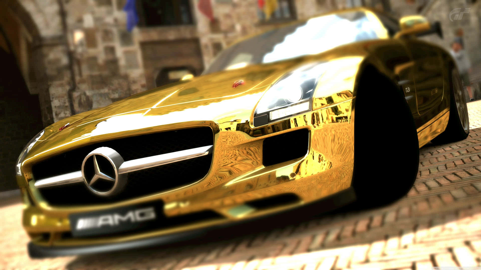 Caption: Luxurious Gold Mercedes Benz SLS AMG Sports Car Wallpaper