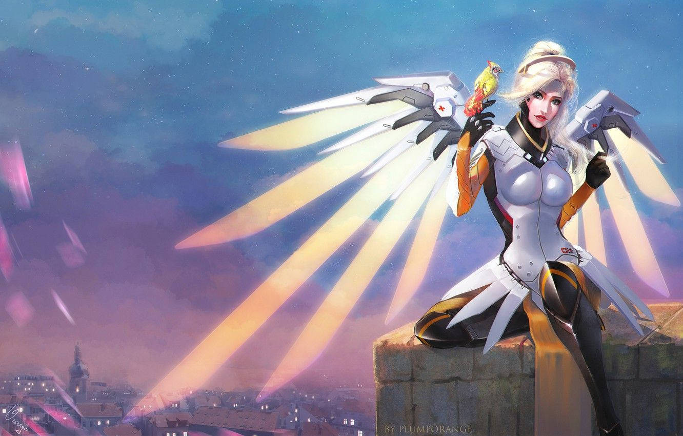 Mercy Petting A Bird In Town Background