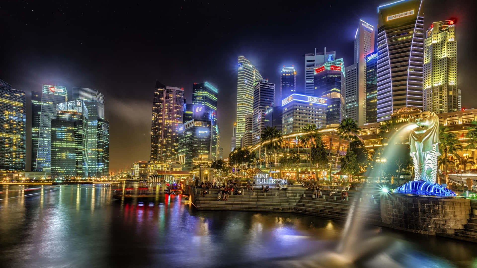 Merlion Park Singapore Night Skyline Wallpaper