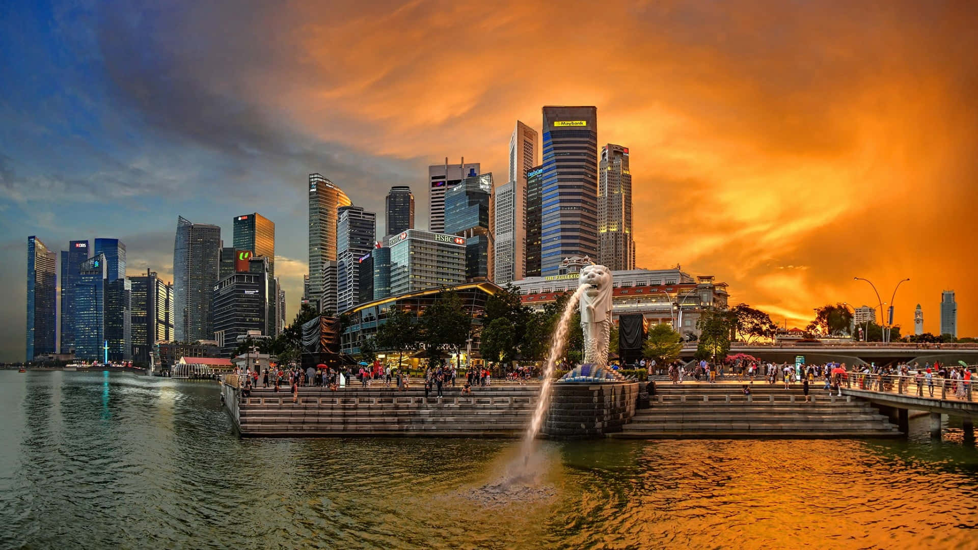 Merlion Park Singapore Sunset Skyline Wallpaper