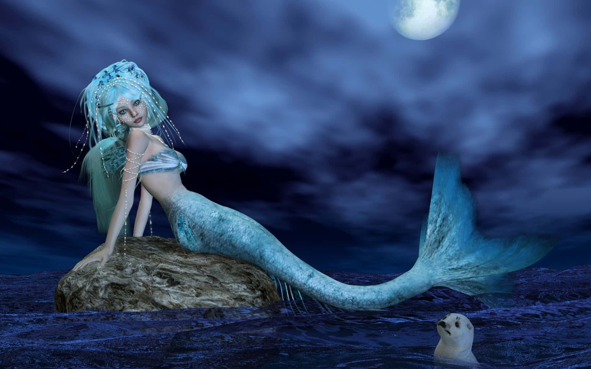 A magical mermaid swims happily in a sunlit ocean.