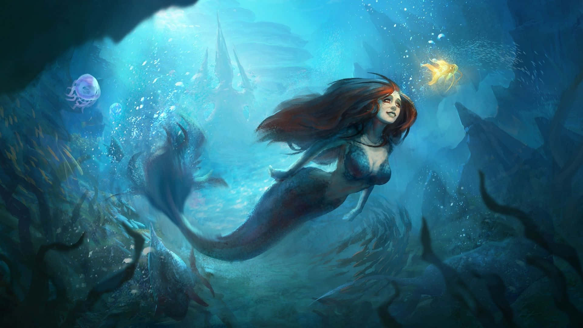 A beautiful mermaid in an enchanted underwater world.