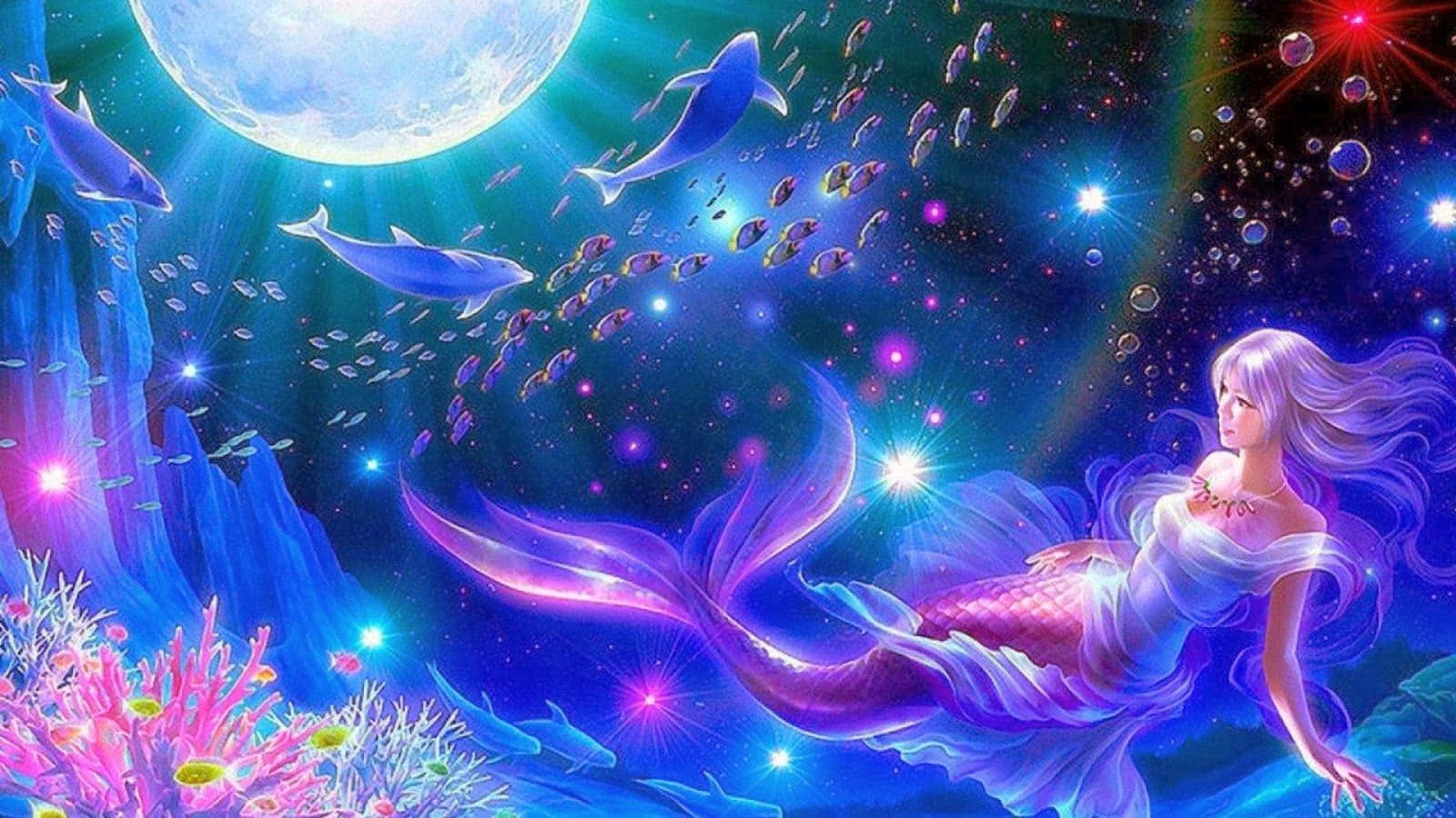 An enchanting mermaid sits atop a rock in an underwater wonderland.