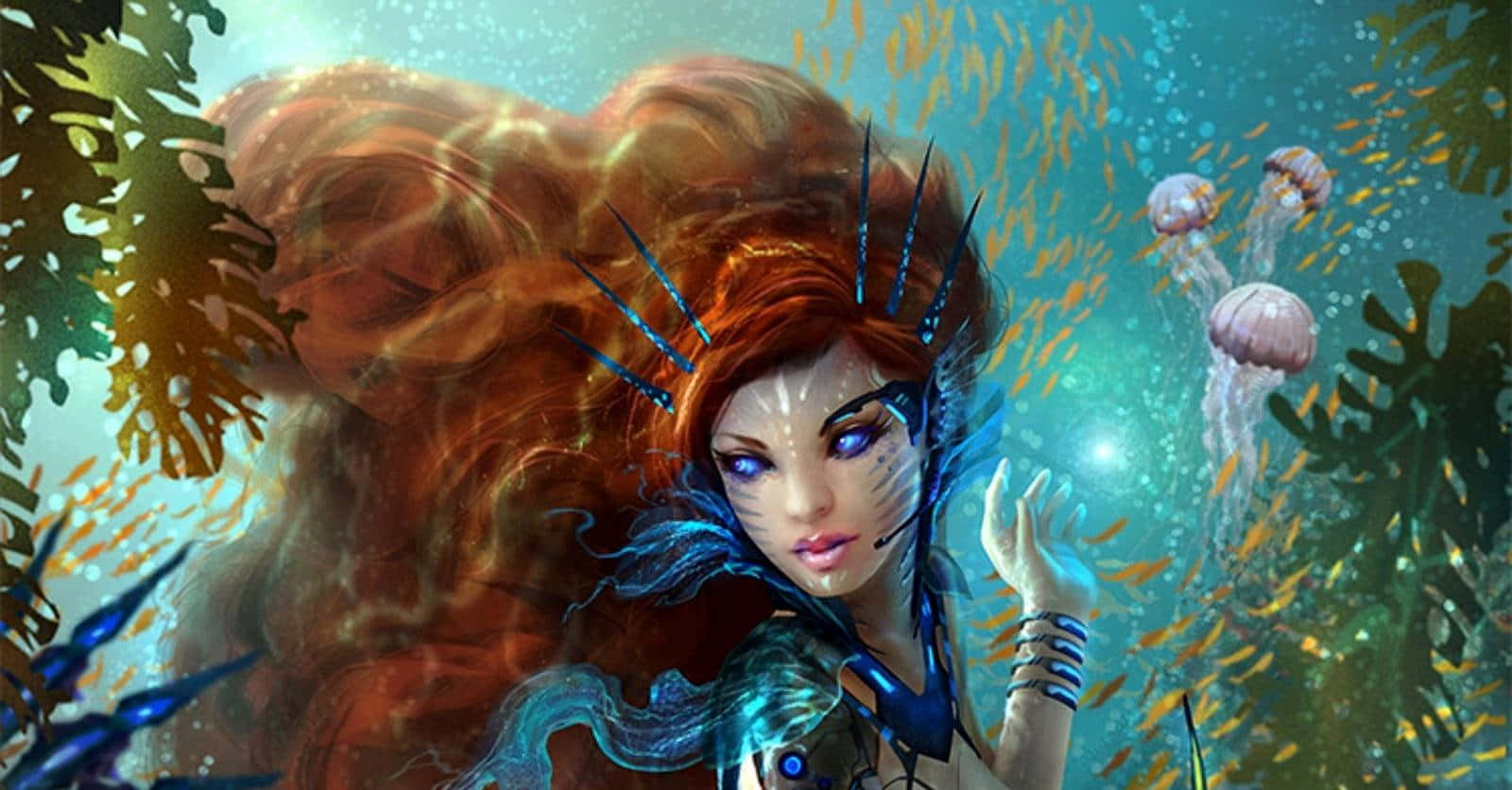 Ilustraciónen Color De Una Sirena Pelirroja De Fantasía