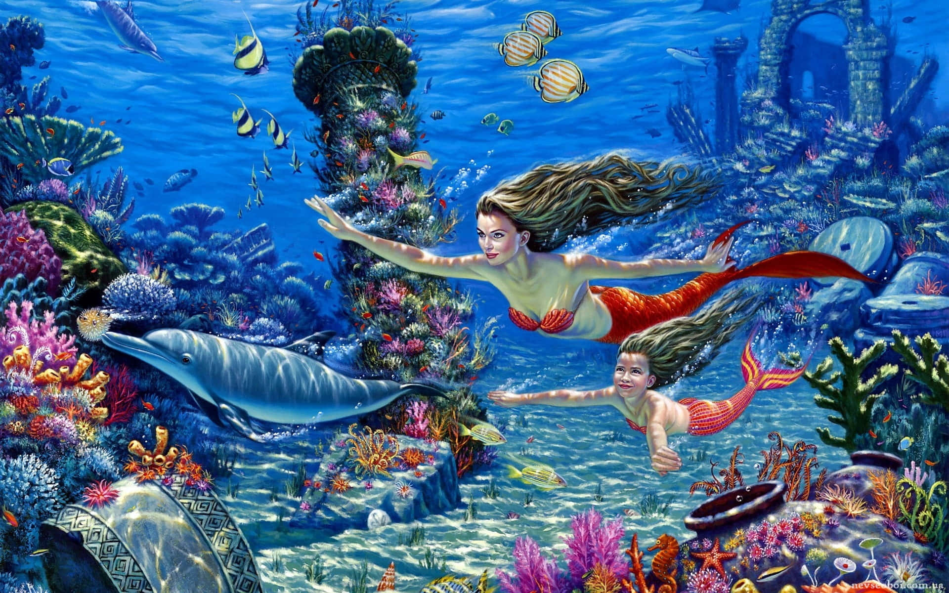 Imagende Sirena En Color Bajo El Agua Con Delfines