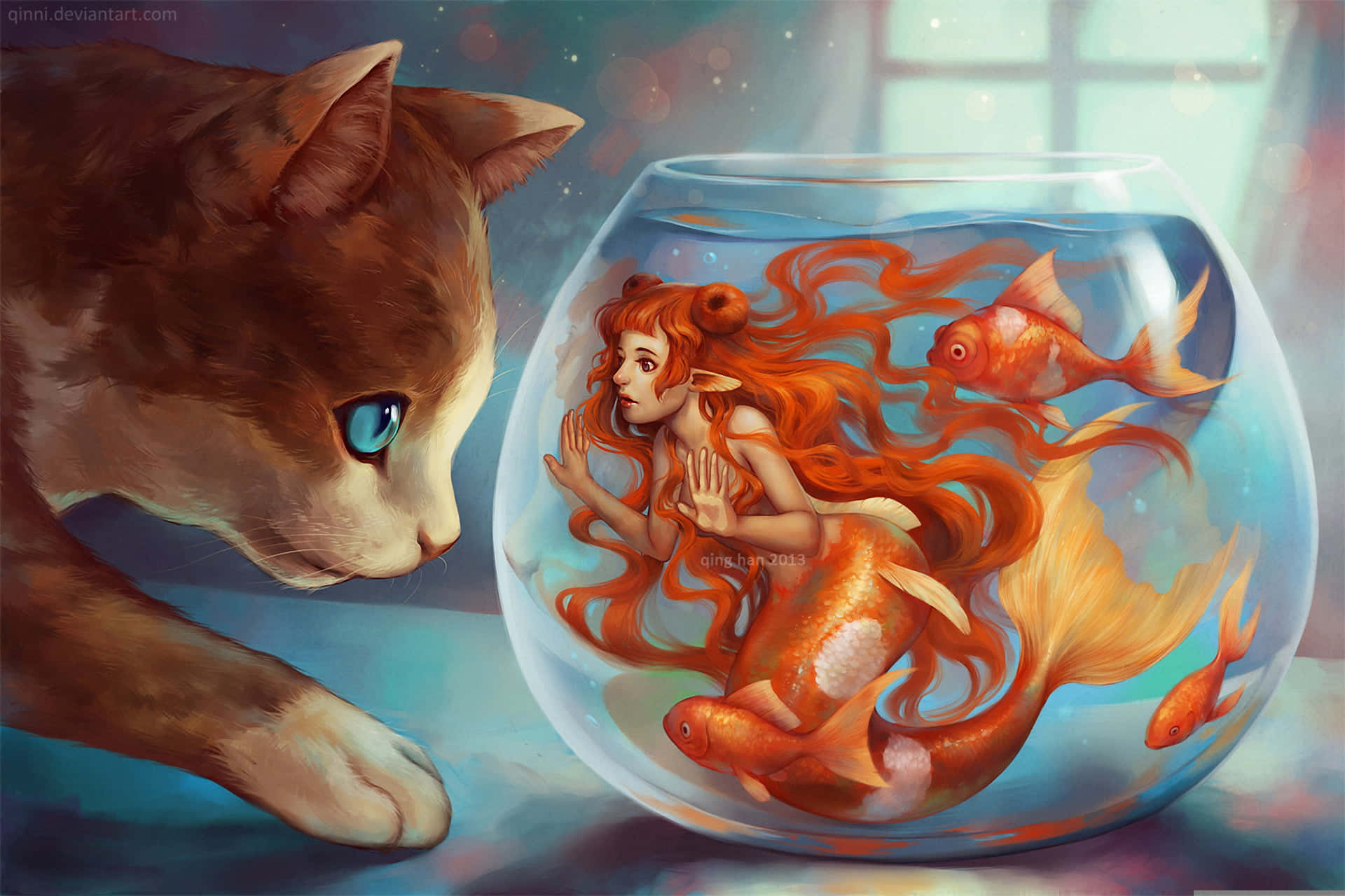 Immaginecolorata Di Una Sirena Fantasia, Un Pesce Rosso E Un Gatto Dorato.