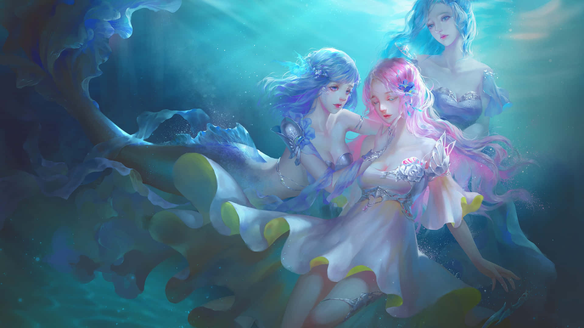 Princesassirenas En Un Colorido Cuadro Submarino
