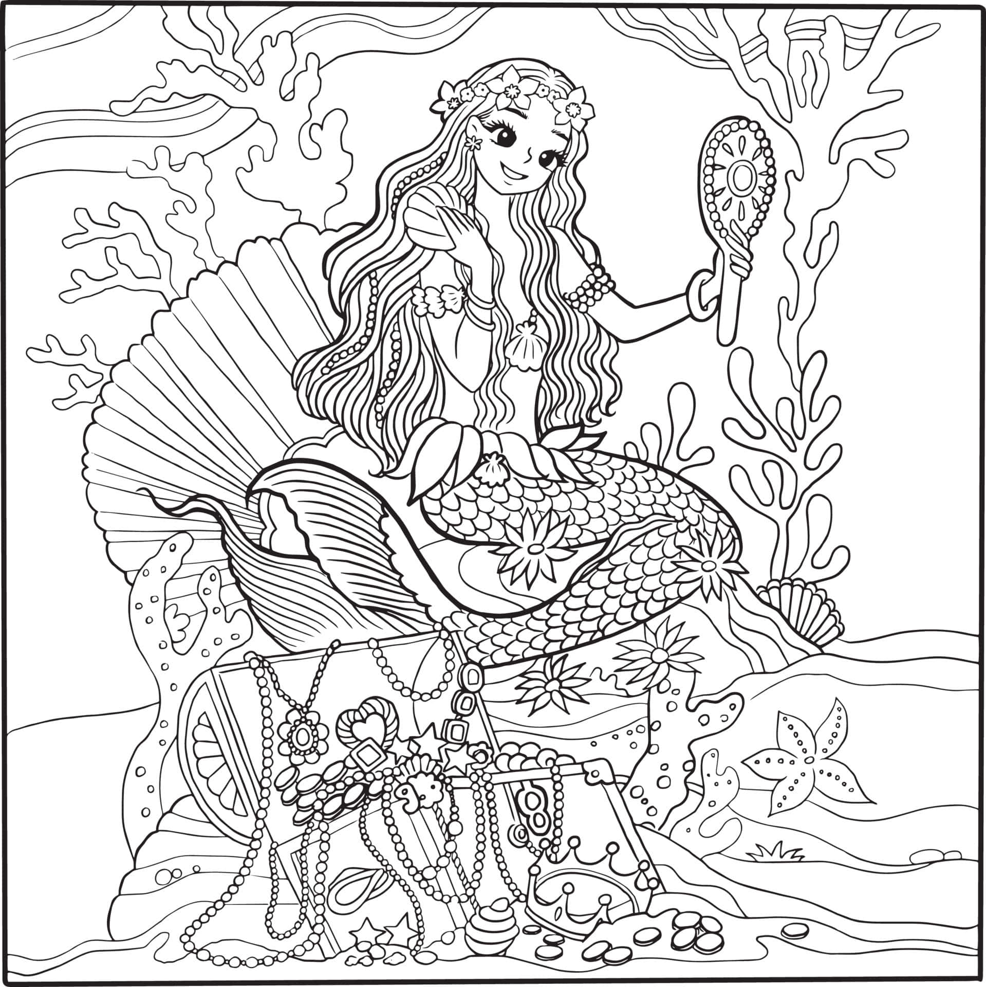 A Mermaid Coloring Page With A Mermaid Sitting On The Sea