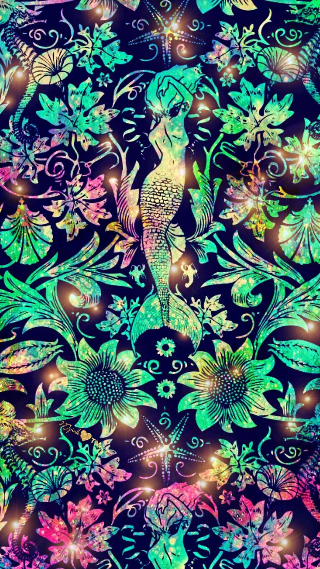Mermaid Glitter Surrounded By Flowers Wallpaper