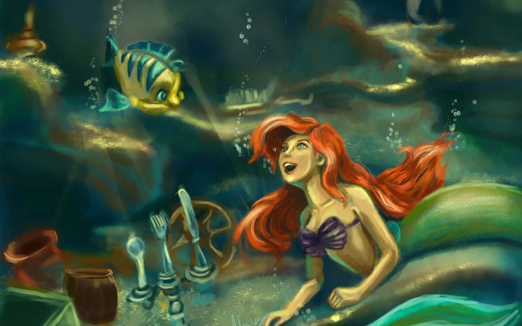 Bildvon Meerjungfrau Ariel Und Ihrem Freund Fisch