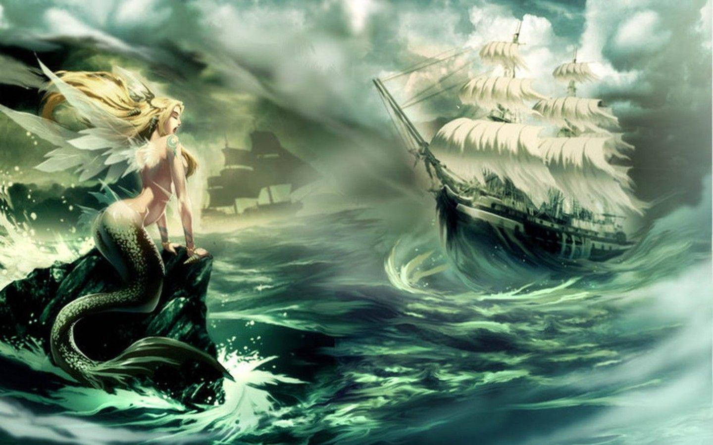 A brave mermaid saves a storm-ravaged ship. Wallpaper