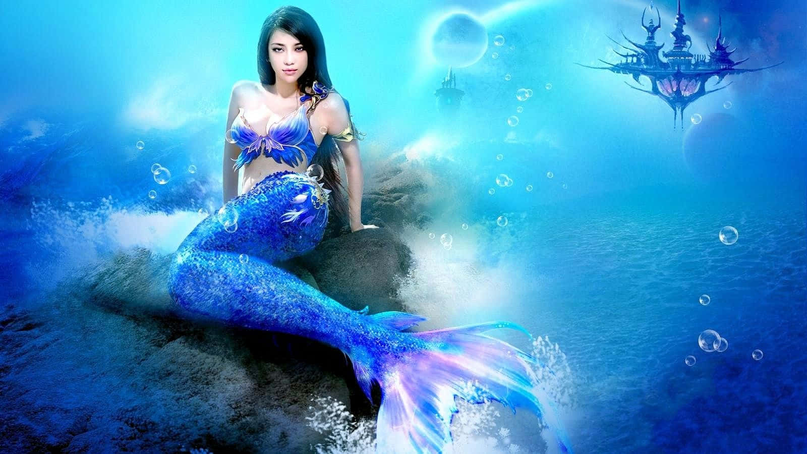 Mermaid With Blue Tail And A Mermaid Castle Wallpaper