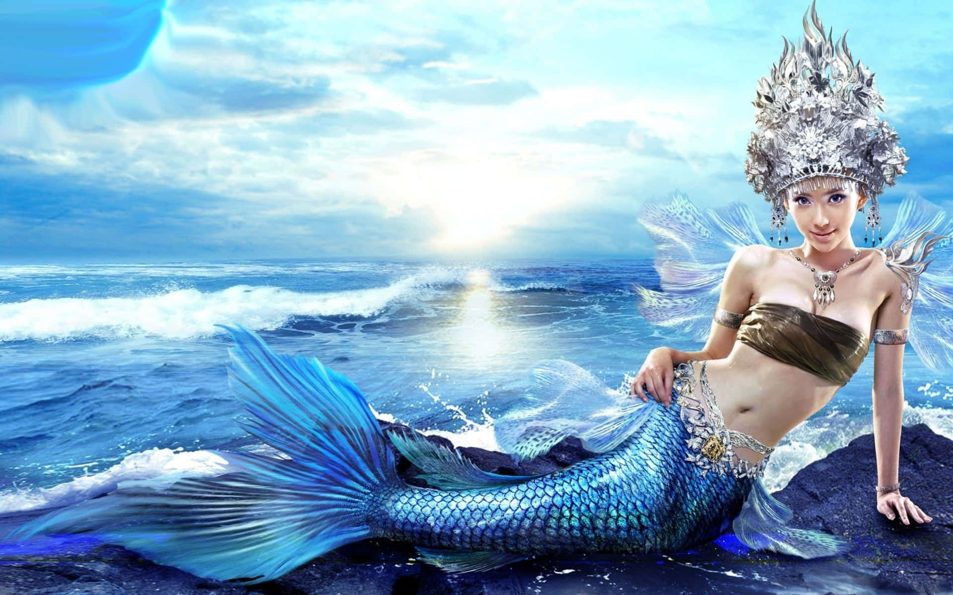 Mermaid With Sparkly Blue Tail And Silver Headpiece Wallpaper