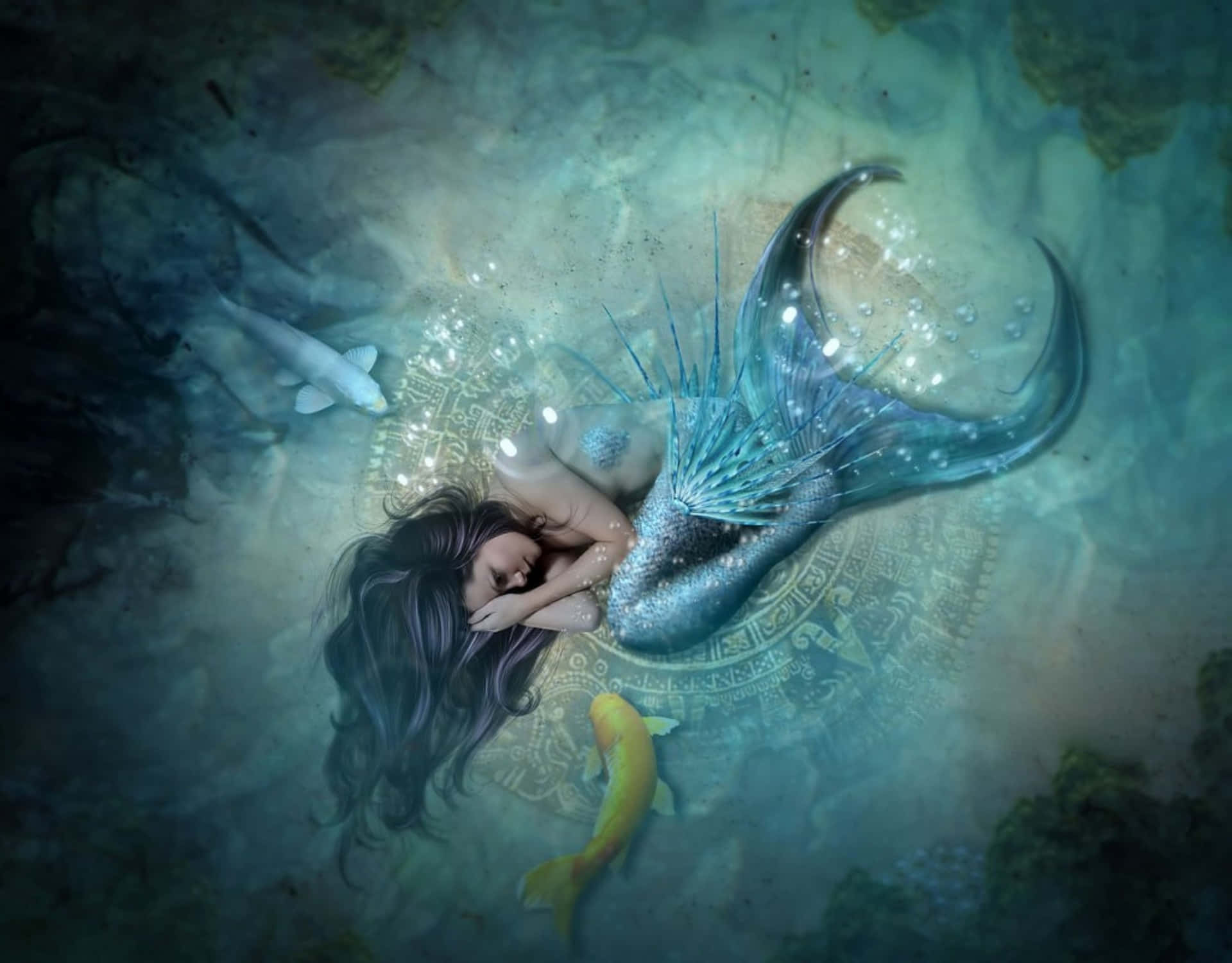 A mermaid peacefully sleeping surrounded by coral reefs