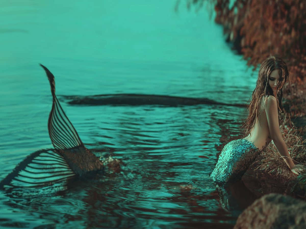 A delightful mermaid awaits atop a rock near the shore.