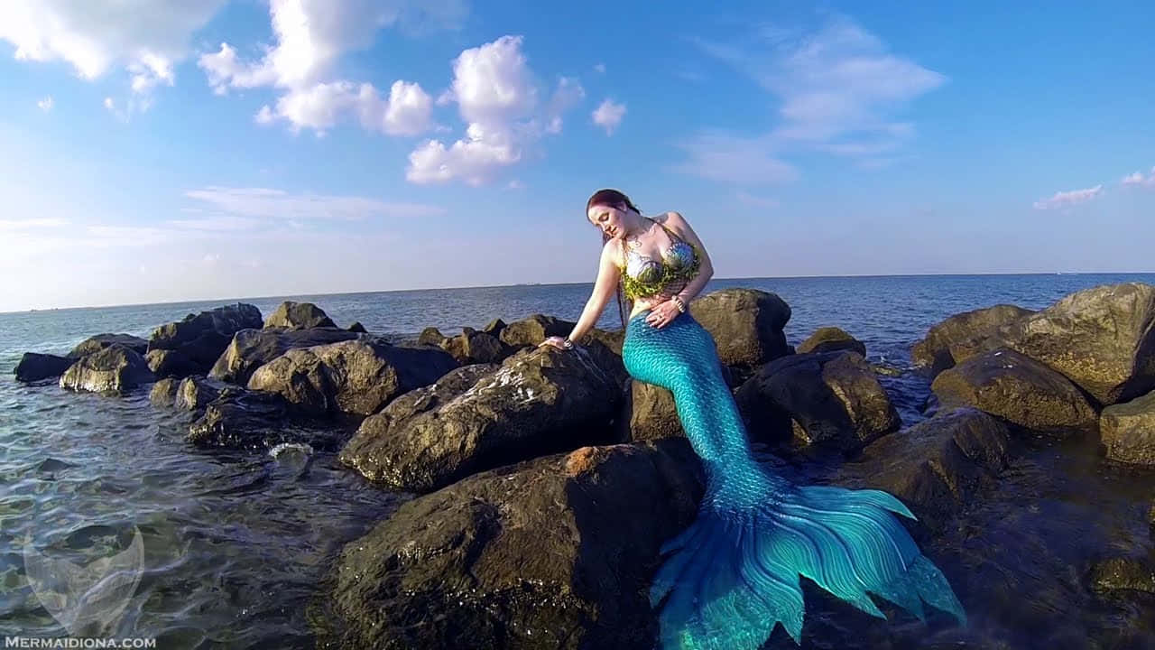 Enchanting Mermaids floating peacefully in the crystal clear ocean.